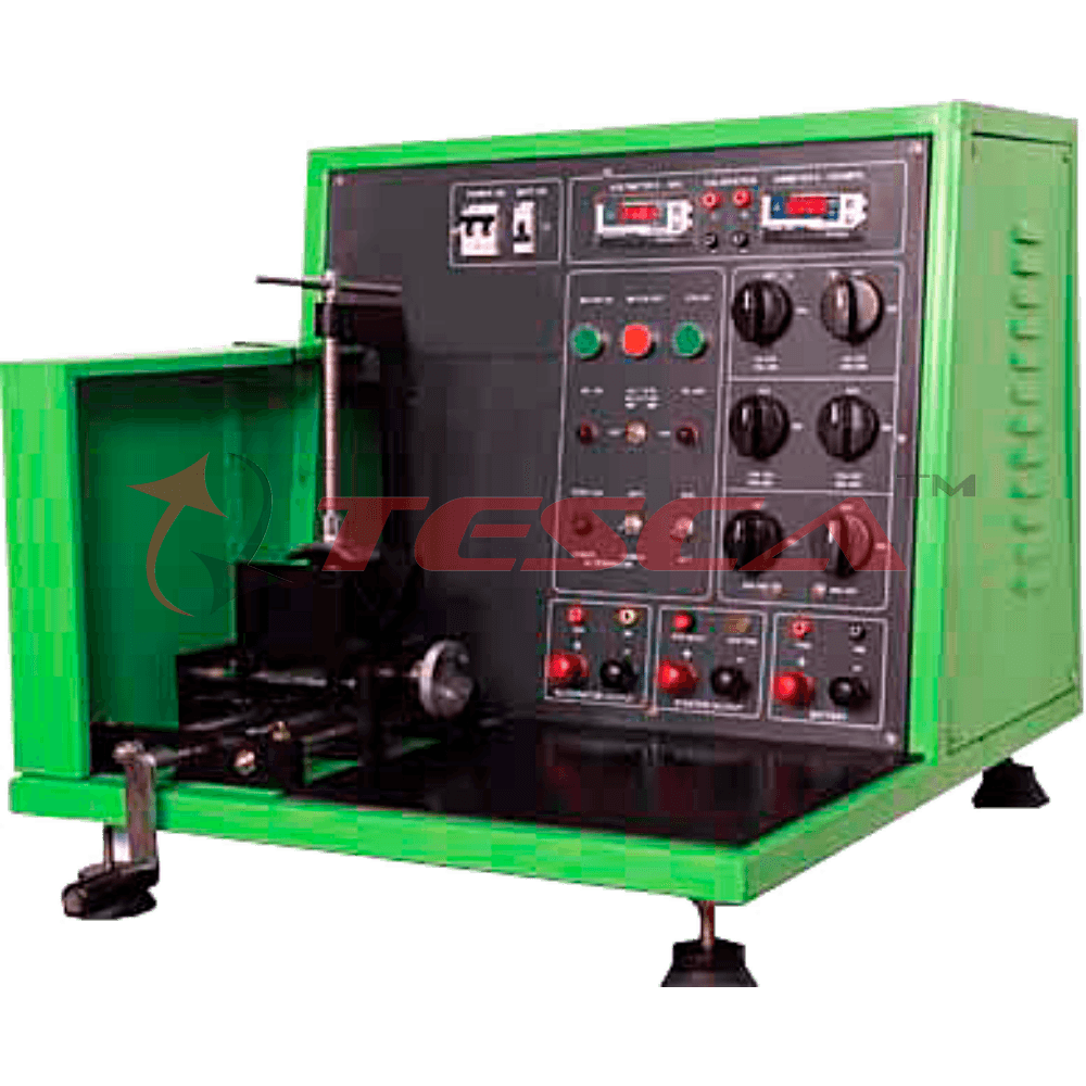 Green alternator and starter test bench with meters, control switches, mounting fixtures and drive. Reference equipment photograph.