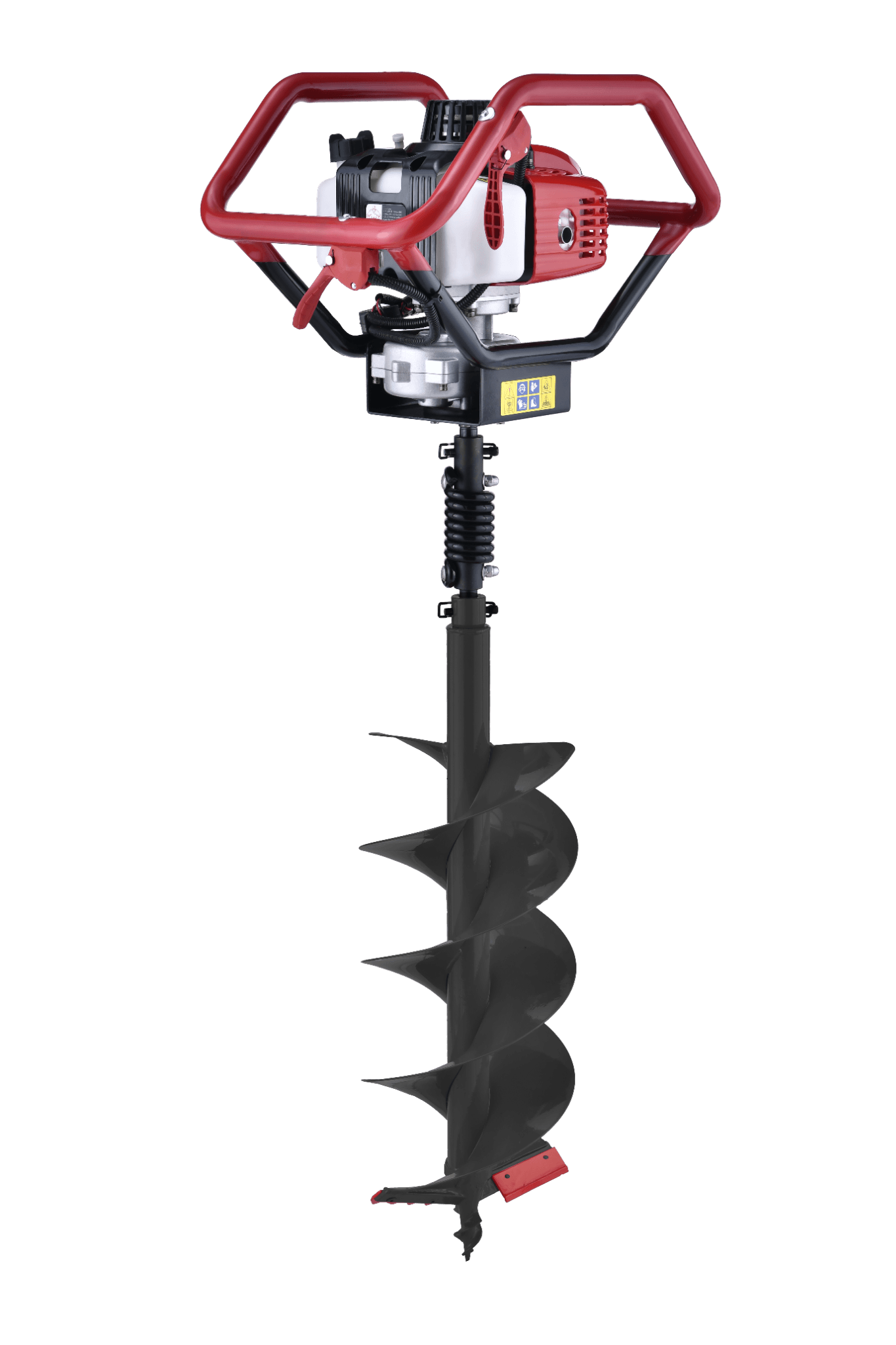 Portable earth auger with red handles, engine and a mounted spiral drilling bit. Reference equipment photograph.