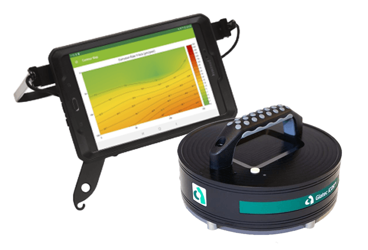 Giatec iCOR corrosion-measurement sensor and associated tablet display. Reference equipment photograph.