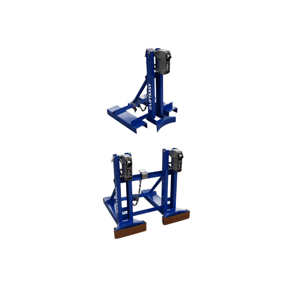 Lift Easy fork-mounted blue drum grabs in single and paired arrangements. Reference equipment photograph.