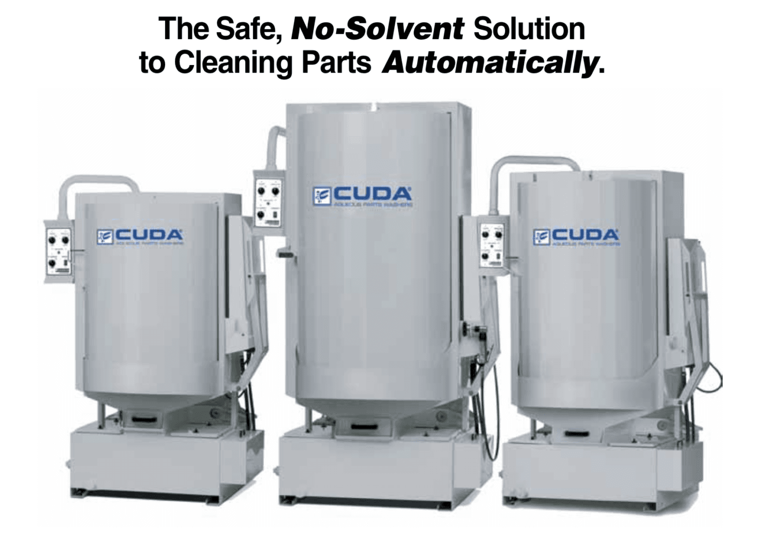 CUDA automatic aqueous parts washer family with enclosed front-loading machines. Reference equipment photograph.