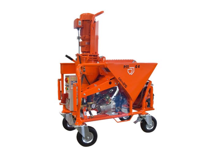Orange PFT G4 mortar mixing-pump platform with material hopper, vertical mixing column, pump components and wheeled frame. Reference equipment photograph.