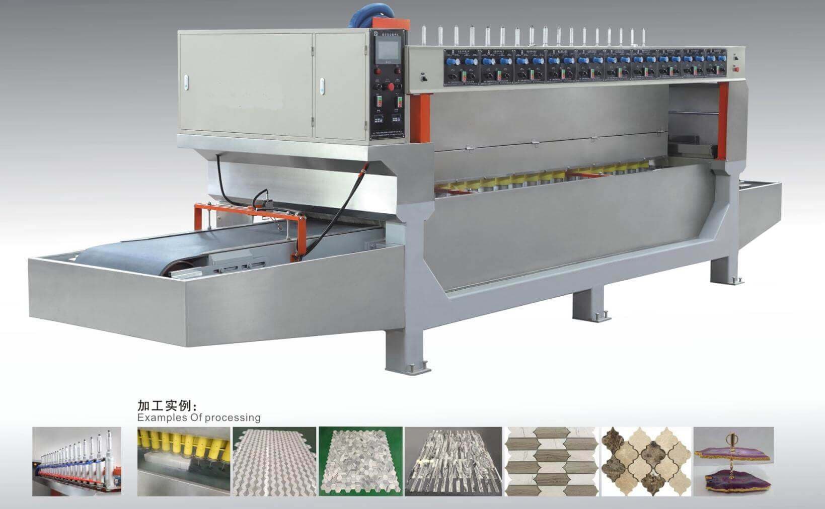 MosCut manufacturer product presentation of a continuous terrazzo tile polisher. Manufacturer product illustration.