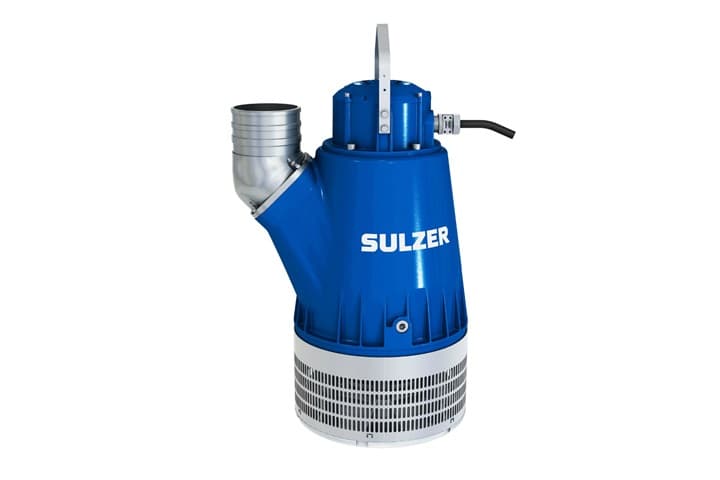 Blue Sulzer submersible drainage pump with lifting handle, upper hose outlet and perforated lower intake strainer. Reference equipment photograph.