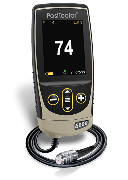 DeFelsko PosiTector 6000 coating thickness gauge with its cabled probe. Reference equipment photograph.
