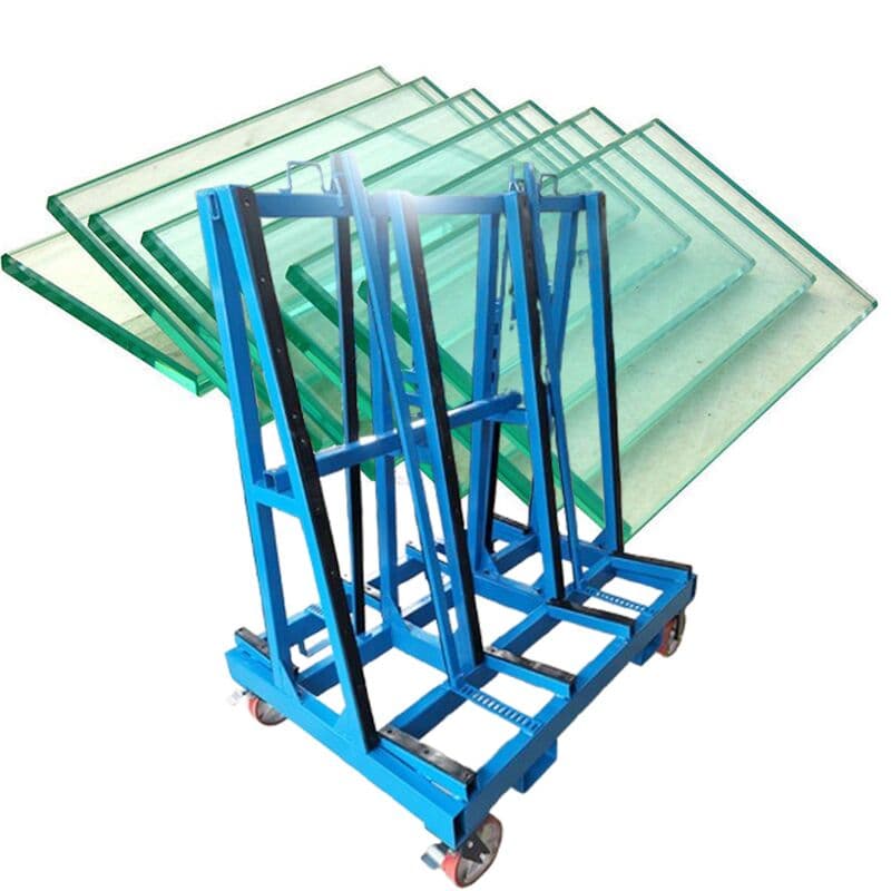 Sien manufacturer product rendering of a wheeled glass transport frame carrying panes. Manufacturer product illustration.