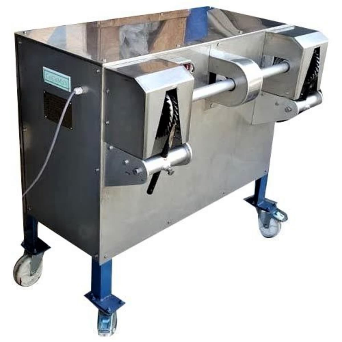 CoCoMaN COM20-2 coconut hard-shell remover with two rotating-disc working stations on a wheeled frame. Reference equipment photograph.