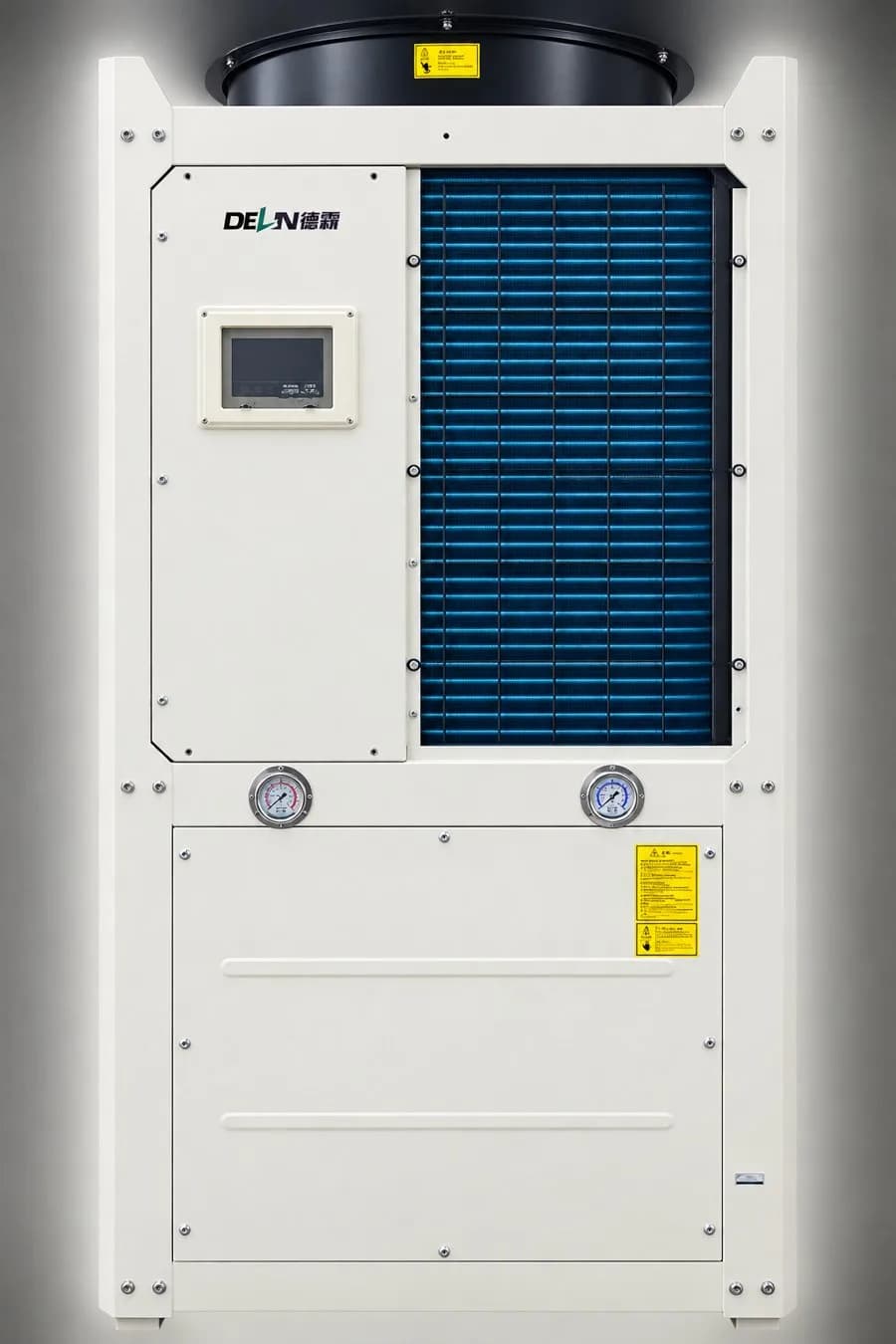 Delin industrial air-cooled chiller with visible top condenser fan. Reference equipment photograph.