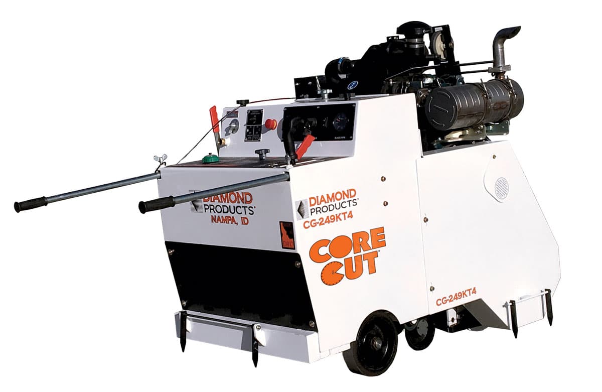 White Core Cut walk-behind grooving machine with engine, exhaust, long operating handles, controls and enclosed multi-blade head. Reference equipment photograph.