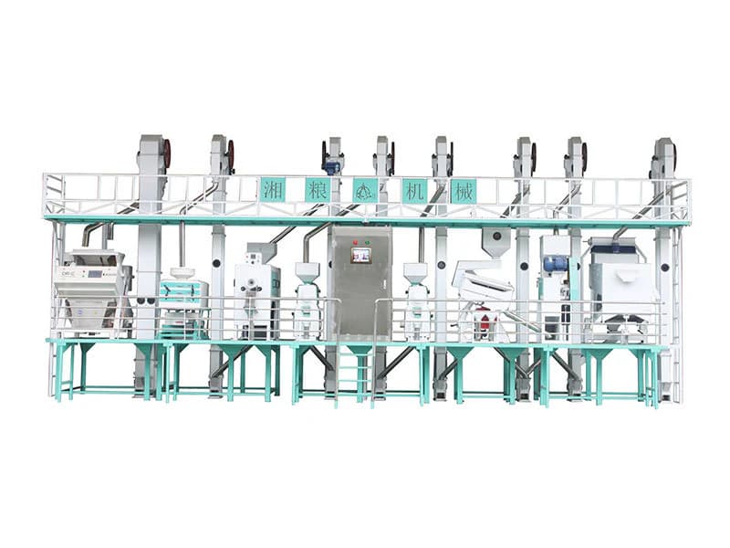 Xiangliang CTNM30 family rice milling line on a raised steel platform