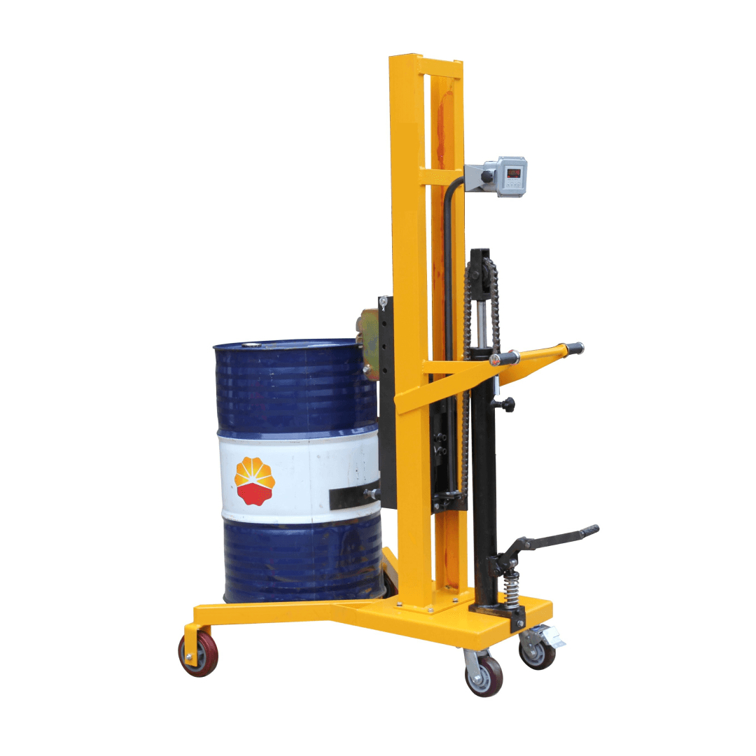 Technosys hydraulic drum palletizer carrying a drum on its mobile chassis. Reference equipment photograph.