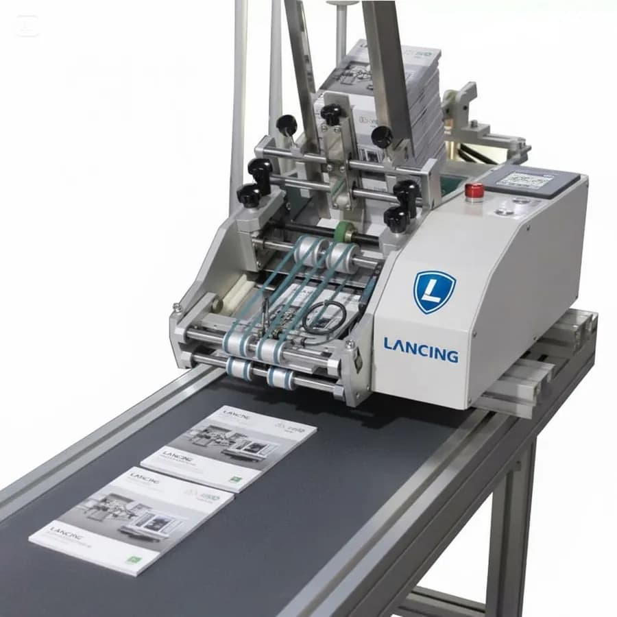 Lancing friction feeder presenting flat items onto a coding conveyor. Reference equipment photograph.