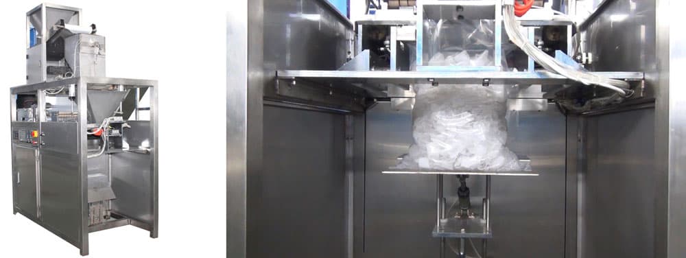 Focusun ice feeding, weighing and bag-filling equipment in operation. Reference equipment photograph.