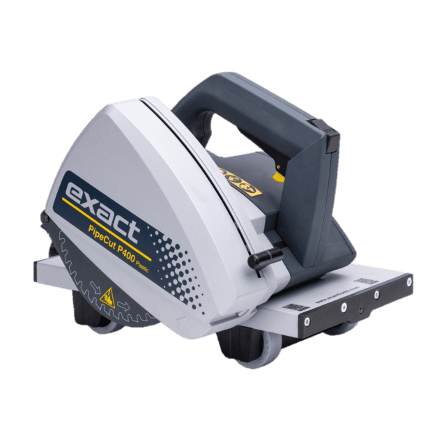 Manufacturer product illustration of a compact Exact pipe saw with guarded circular blade, handle and pipe-support rollers. Manufacturer product illustration.