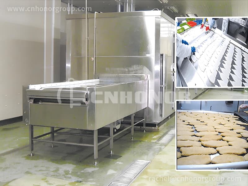 CNHONOR freezing tunnel with the infeed conveyor and freezing belt. Reference equipment photograph.