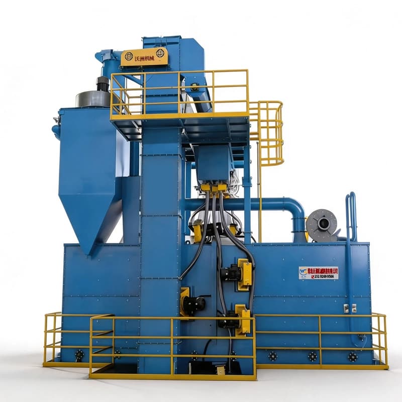 Wozhou roller-conveyor shot blasting installation with blue chamber and ductwork. Manufacturer product illustration.