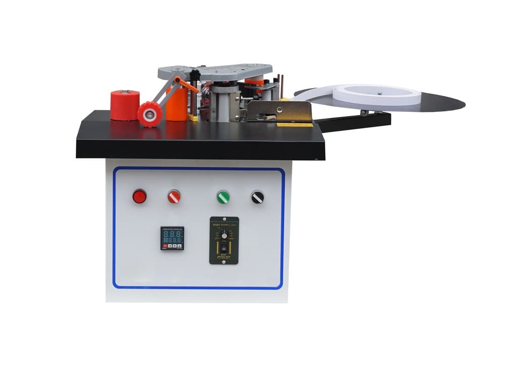 WFSEN MF170B portable edge bander with a tape reel, glue-pot assembly and panel guiding surface. Reference equipment photograph.