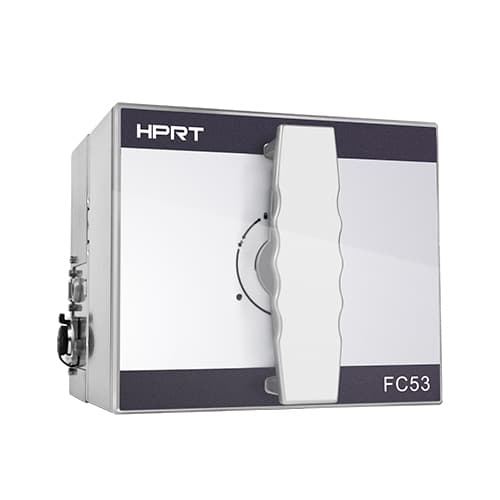 HPRT FC53 thermal transfer overprinter with ribbon housing. Reference equipment photograph.