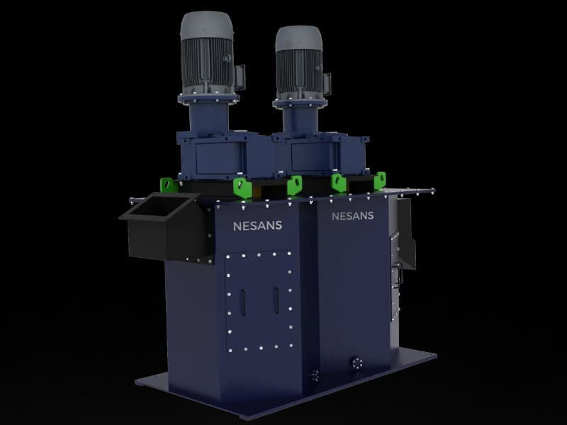 Manufacturer product illustration of a twin-cell attrition scrubber with two vertical drives and complete tank housings. Manufacturer product illustration.