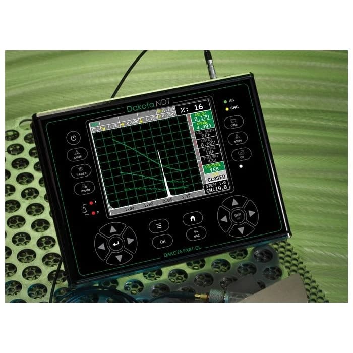 Ultrasonic flaw detector shown with its screen, controls and probe connections. Reference equipment photograph.