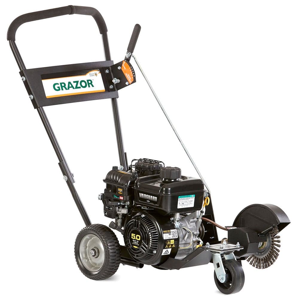 Billy Goat Grazor crack cleaner with a rotary brush assembly and handle-guided wheeled frame. Reference equipment photograph.