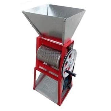 VMAC coffee cherry pulper with a stainless hopper, red frame, pulping drum and handwheel. Reference equipment photograph.