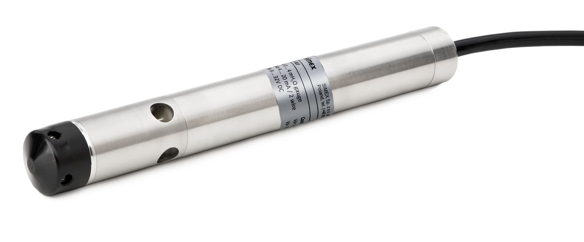Stainless cable-connected probe with sensor openings and labeled housing. Reference equipment photograph.