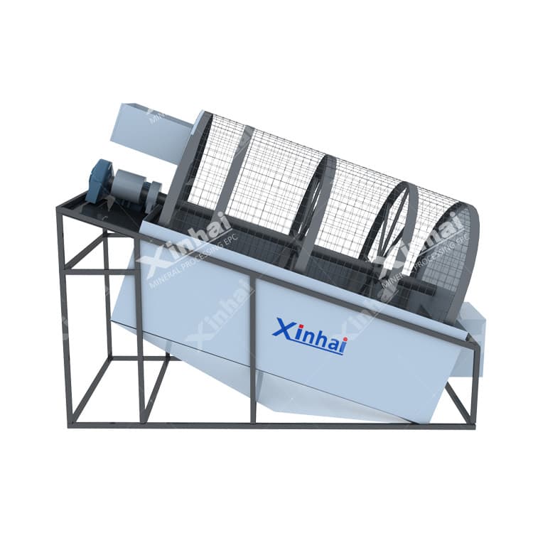 Product illustration of a gold trommel screen with inclined mesh drum, feed chute, motor and collection housing. Manufacturer product illustration.