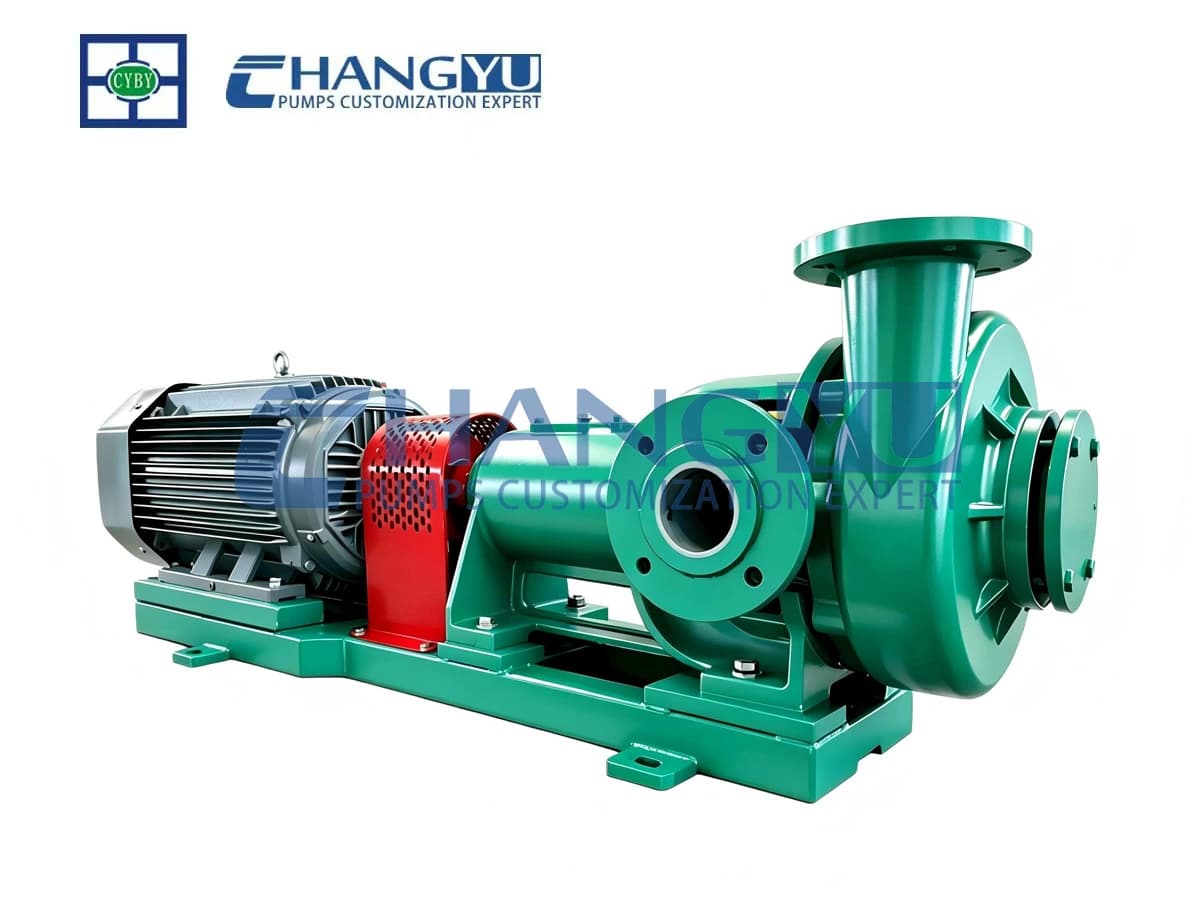 Manufacturer product illustration of a green filter press feed pump with motor, guarded coupling and two-stage pump casing. Manufacturer product illustration.