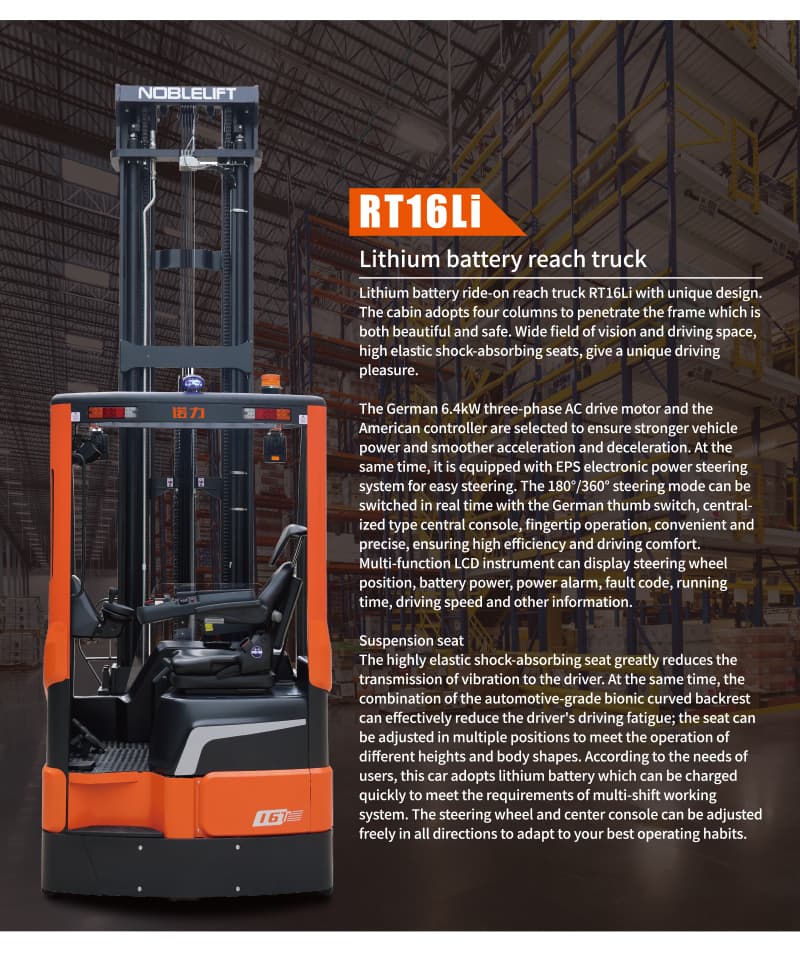 Official NOBLELIFT RT16Li product and operator-feature board. Manufacturer markings are retained; confirm the mast and supplied equipment for the order.