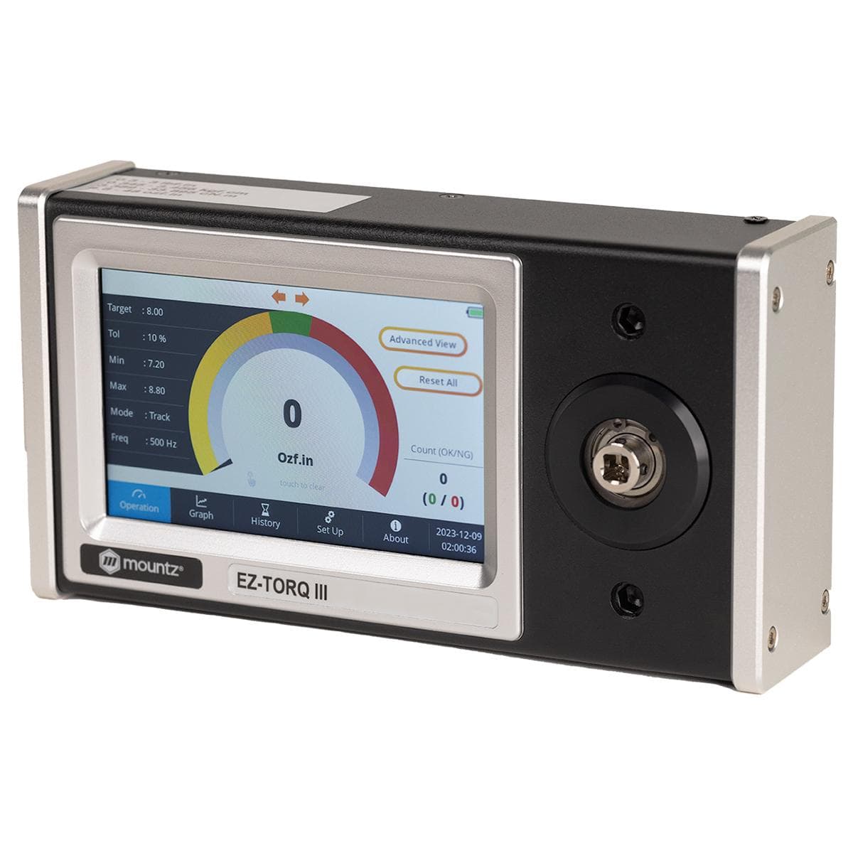 Mountz EZ-TorQ III torque tool analyzer with a touchscreen and square-drive transducer. Reference equipment photograph.