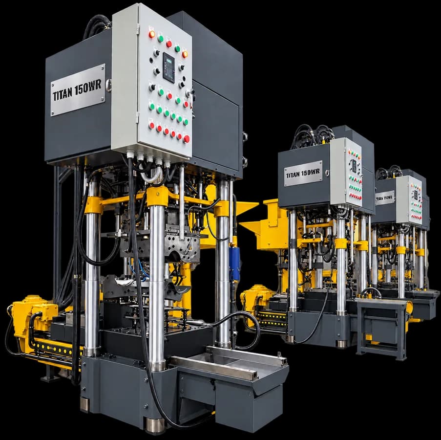 TITAN roof tile hydraulic presses with tooling and control cabinets. Reference equipment photograph.