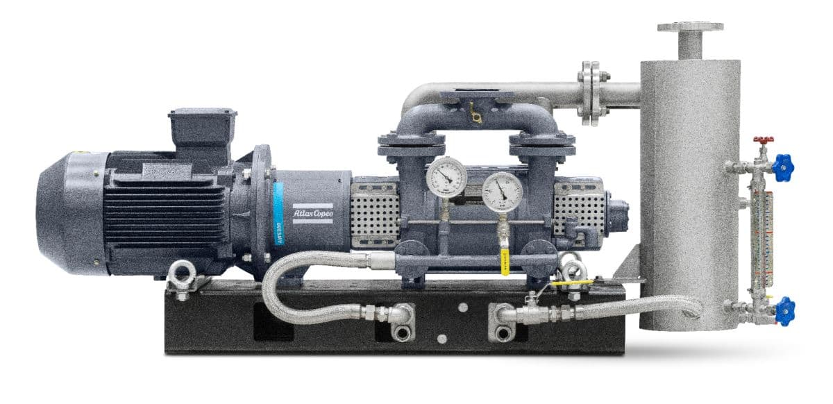Manufacturer product illustration of an AWS liquid ring vacuum pump module with motor, piping, gauges and service-liquid separator. Manufacturer product illustration.