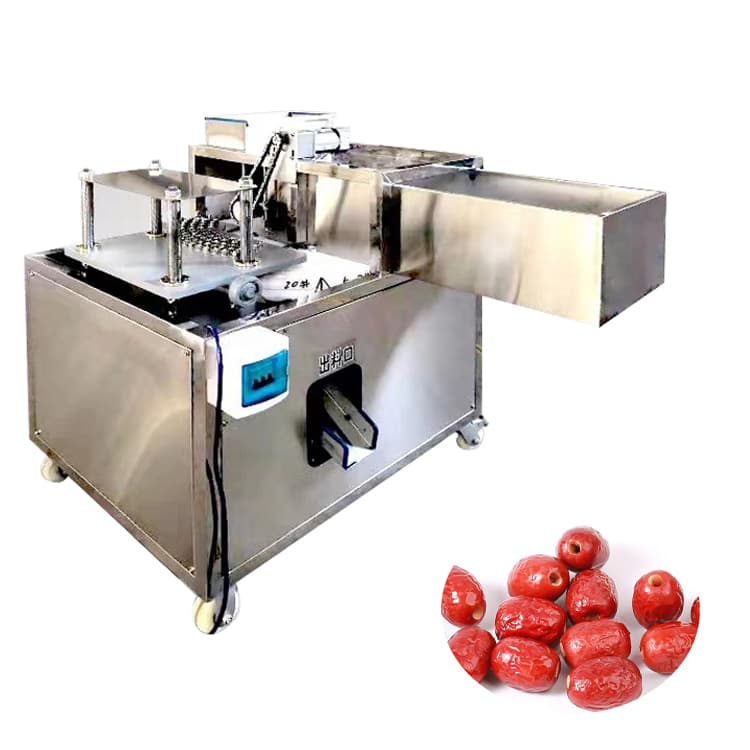 Penghui red jujube pitting machine with a fruit-positioning mechanism, pitting tools, hopper and collection openings. Reference equipment photograph.