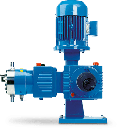 Manufacturer product illustration of a blue diaphragm metering pump with vertical drive motor, gearbox and horizontally mounted diaphragm pump head. Manufacturer product illustration.