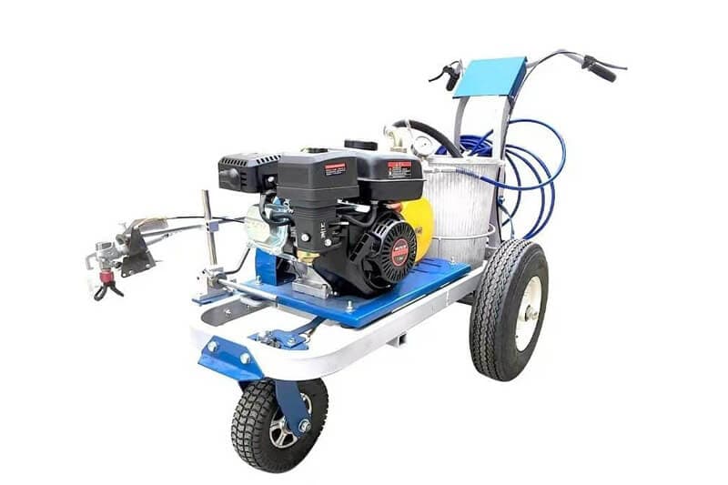 Tianhua cold-paint line marker with a spray gun, paint hose and engine-driven wheeled frame. Reference equipment photograph.