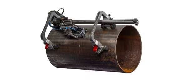 Evident MapSCANNER corrosion mapping scanner mounted around a pipe with wheels and probe support. Reference equipment photograph.