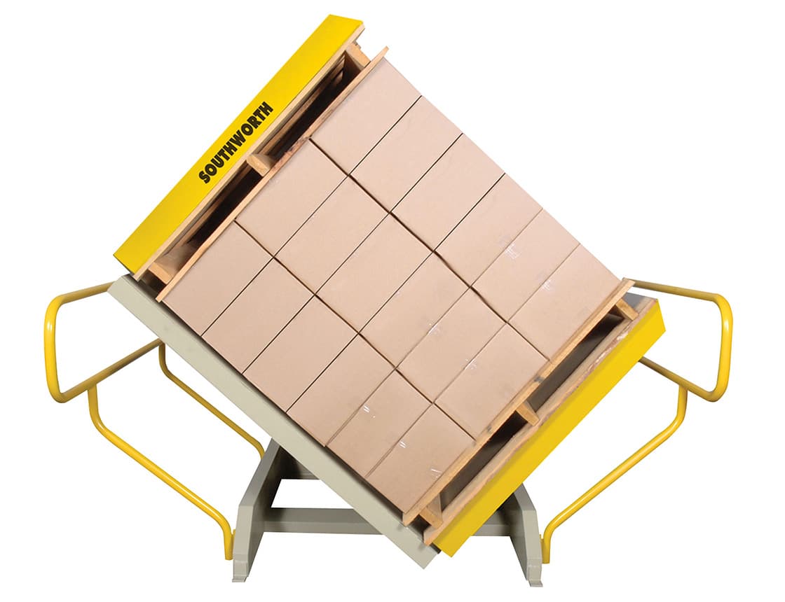 Southworth pallet inverter holding a boxed pallet load in its rotating clamp. Reference equipment photograph.