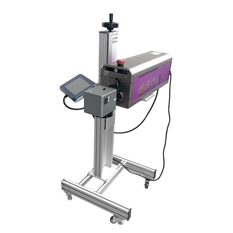 Suntop CO2 flying laser coding head on an adjustable mobile support. Reference equipment photograph.