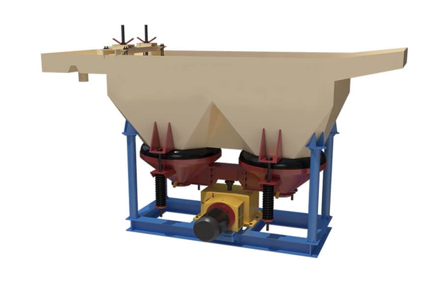 Manufacturer product illustration of a two-compartment mineral jig with hopper, lower chambers, drive and support frame. Manufacturer product illustration.