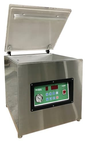 UTOC chamber vacuum packer with an open lid, sealing bar and front-mounted controls. Reference equipment photograph.