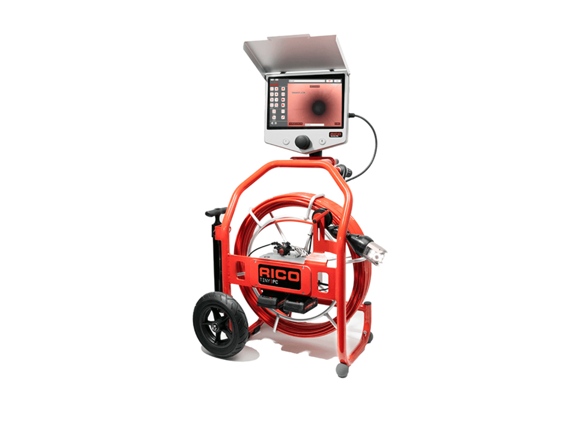 Complete RICO push-rod inspection assembly with orange cable reel, camera head, wheeled frame and open monitor. Reference equipment photograph.