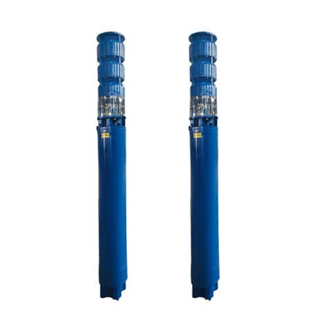 Two long blue submersible well-pump assemblies with upper pump stages and cylindrical submersible motors in a manufacturer product photograph. Reference equipment photograph.