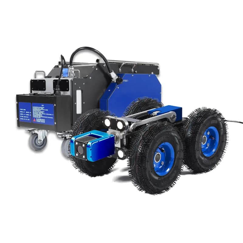 Blue sewer inspection crawler with camera head and a cable reel. Reference equipment photograph.
