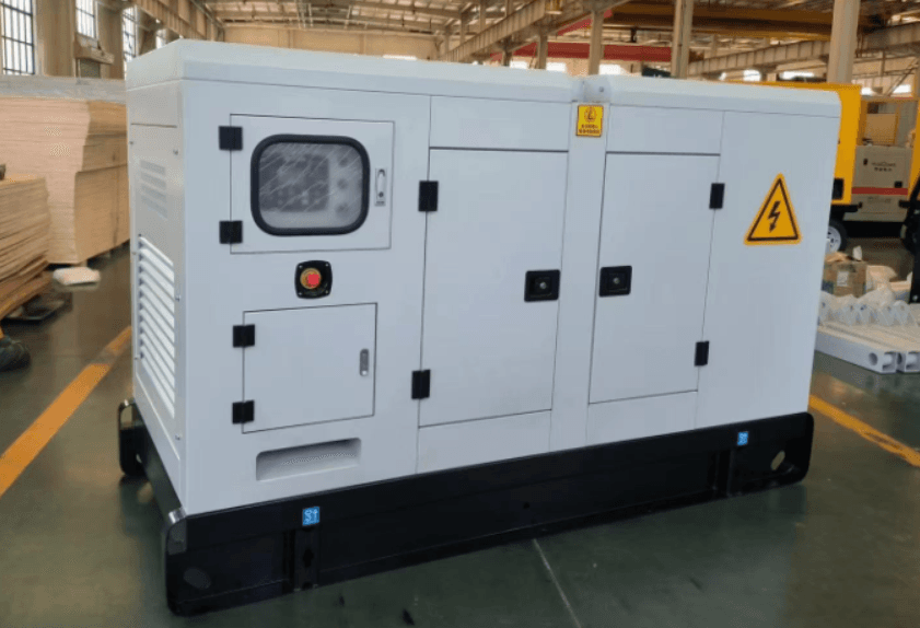 GENKVA enclosed diesel generator photographed at a factory. Reference equipment photograph.