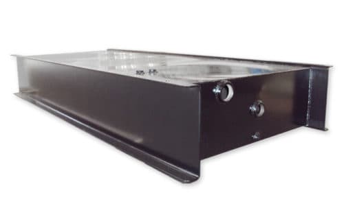 Standard Technologies steel generator sub-base fuel tank with connection fittings. Reference equipment photograph.
