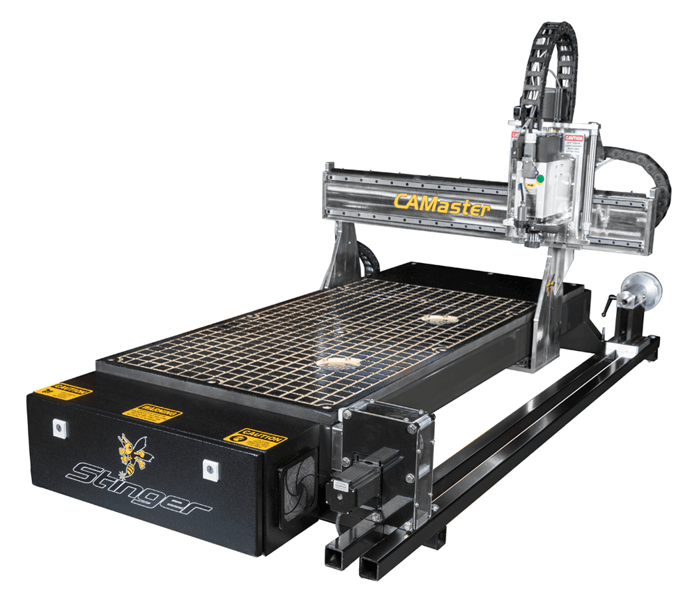 CAMaster desktop CNC router with a gantry-mounted spindle over a compact work table. Reference equipment photograph.
