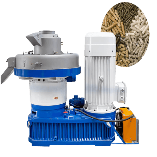 Manufacturer illustration of tCPEL biomass pellet press with a vertical pressing chamber and motor-driven base. Manufacturer product illustration.