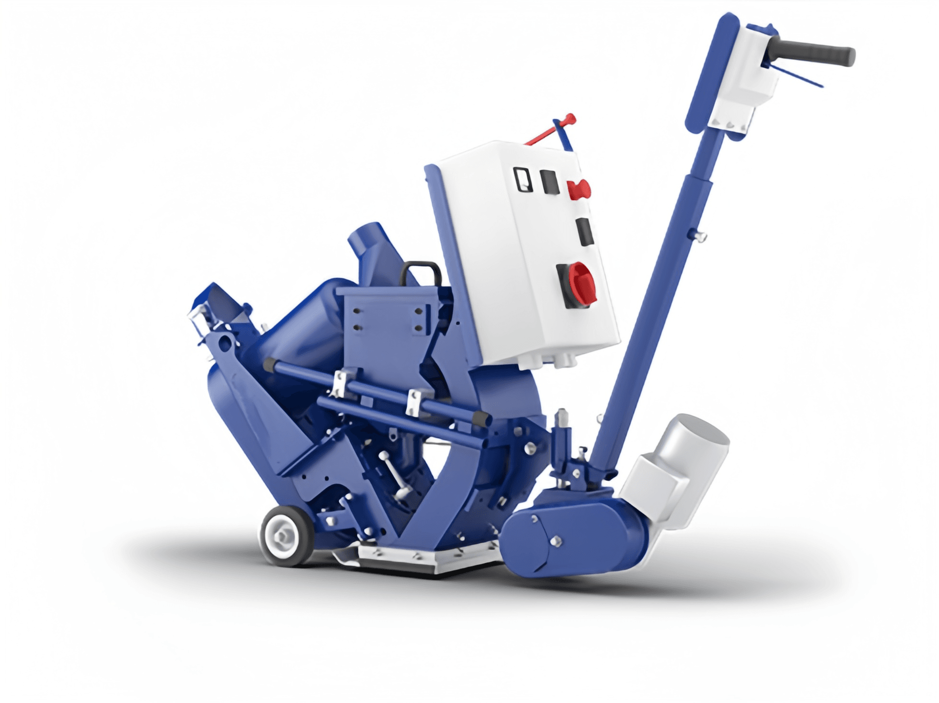Blue walk-behind floor shot blaster with handle and control panel. Manufacturer product illustration.