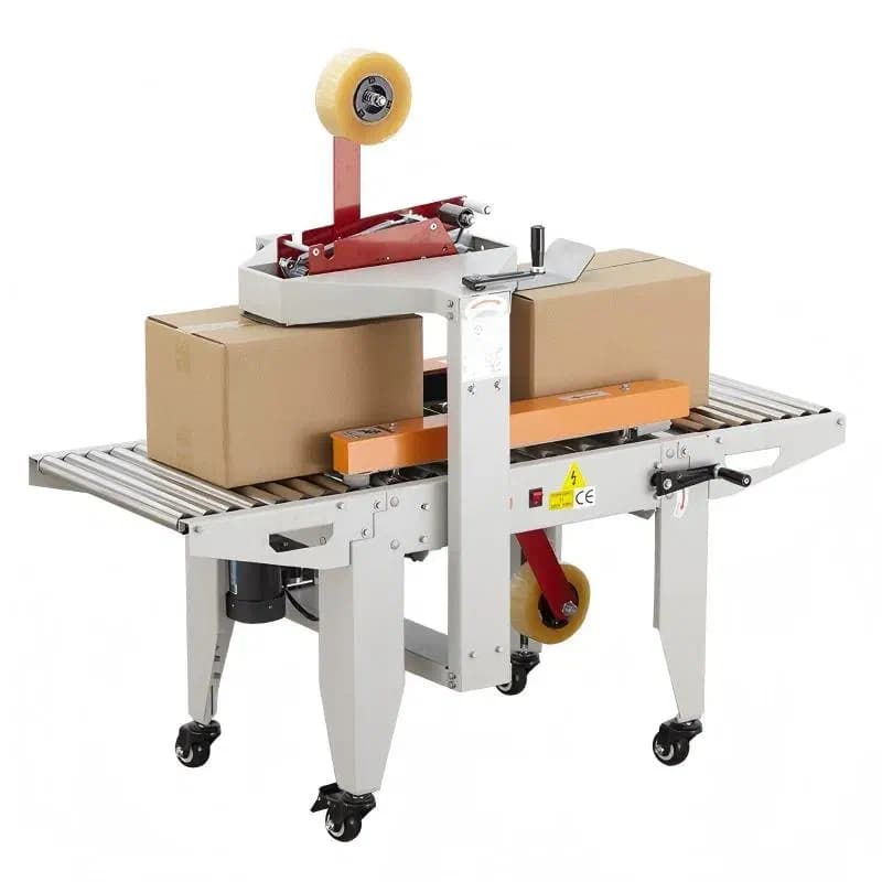 Huisunze semi-automatic carton sealer with a carton on its roller bed and an overhead tape head. Reference equipment photograph.
